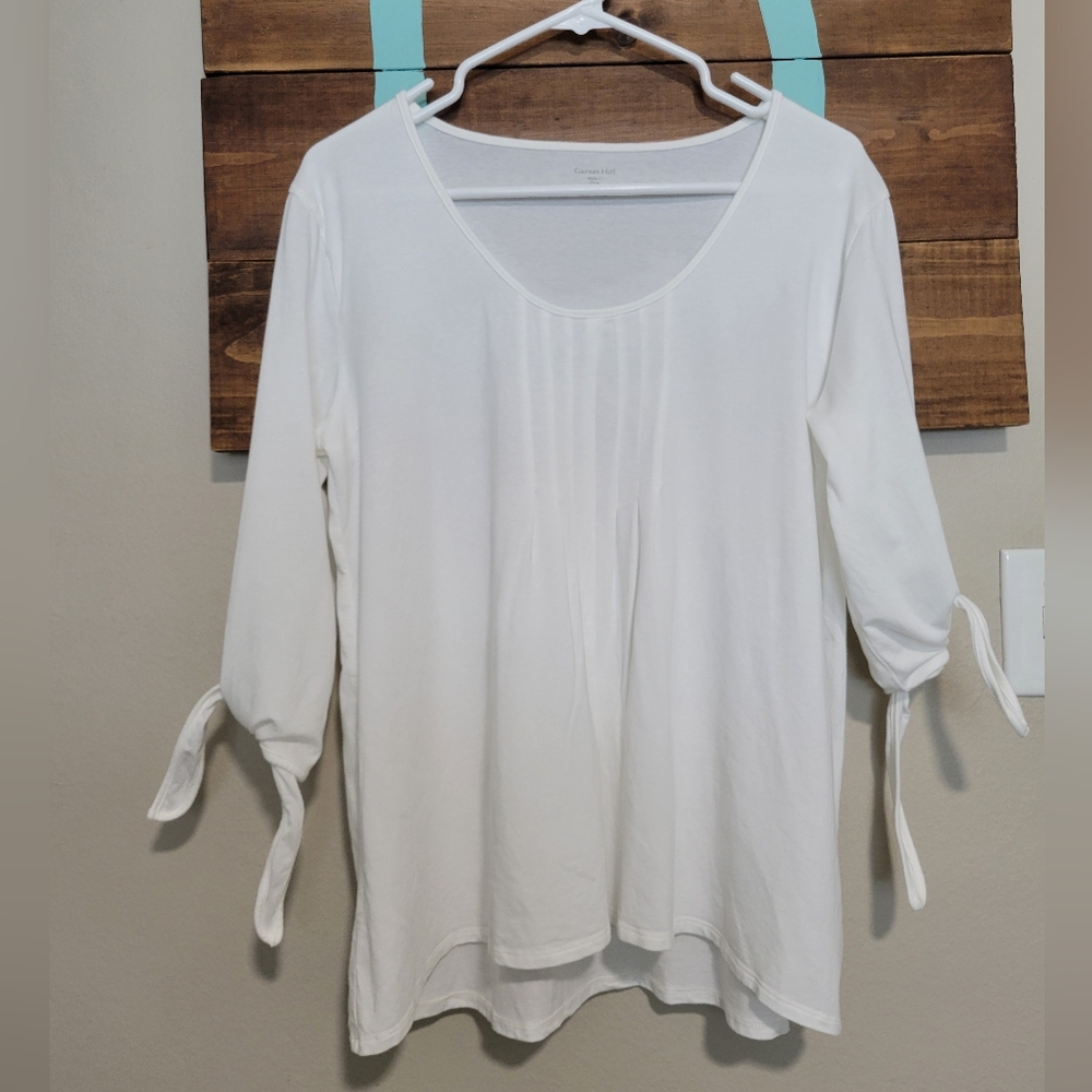 Garnet Hill White Blouse Pleated Front with Tie Sleeves Size Medium